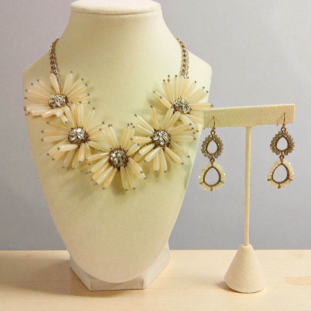 Floral Statement Bib Necklace and Beaded Drop Earrings Set Peach Gold Tone